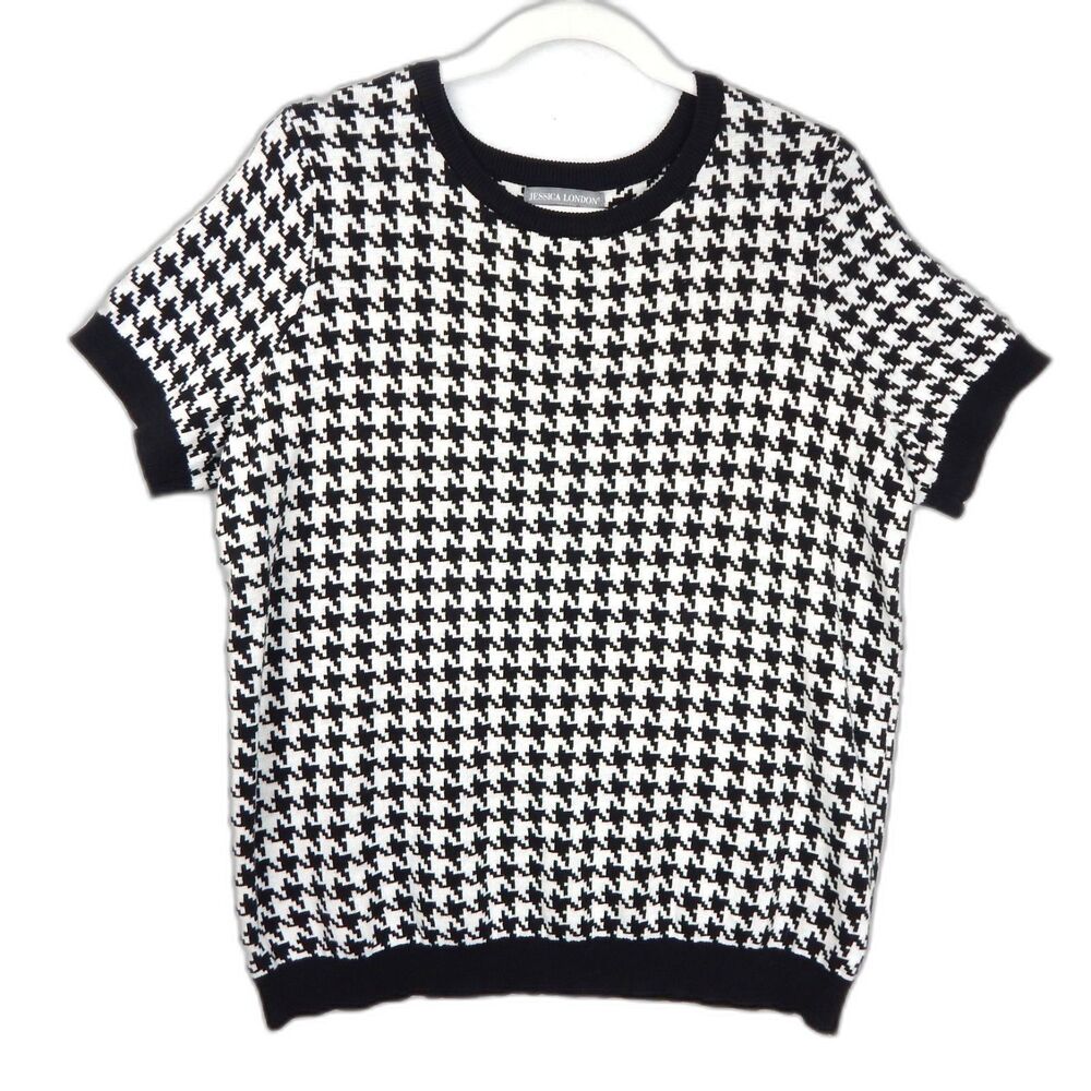 Jessica London Plus Size Houndstooth Short Sleeve Crewneck Knit Sweater Shell